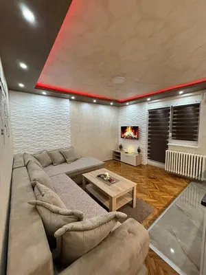 a living room with a couch and a fireplace at Centar Lux Obrenovac, Na Trgu, Siguran Parking in Obrenovac