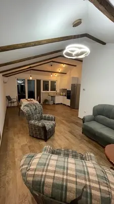a living room with two couches and a kitchen at Vranjes apartman in Beograd