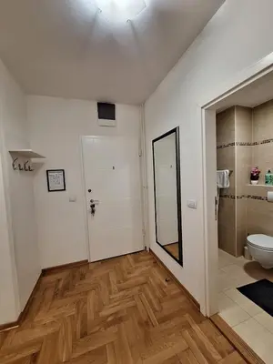 a bathroom with a toilet and a mirror at Nika Apartments Vracar in Belgrade