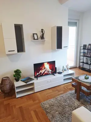 a living room with a fireplace in the wall at Nika Apartments Vracar in Belgrade