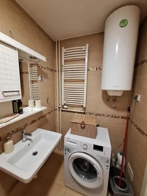 a bathroom with a washing machine and a sink at Nika Apartments Vracar in Belgrade