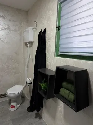 a bathroom with a toilet and a sink and a window at Barrique apartments sa zatvorenim bazenom in Smederevo