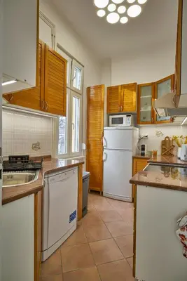 a large kitchen with white appliances and wooden cabinets at Take One in Belgrade