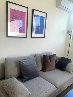 a living room with a couch with two pictures on the wall at Aura Apartment - with Garage Parking in Belgrade