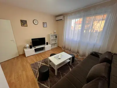 a living room with a couch and a tv at Apartman Tas in Smederevo