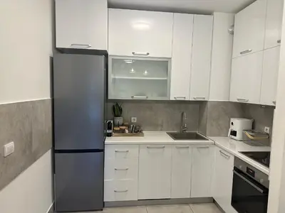 a kitchen with white cabinets and a refrigerator at Garden Escape Zemun in Belgrade