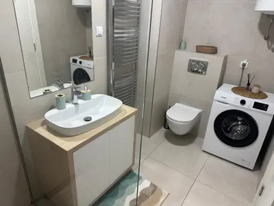a bathroom with a sink and a washing machine at Garden Escape Zemun in Belgrade