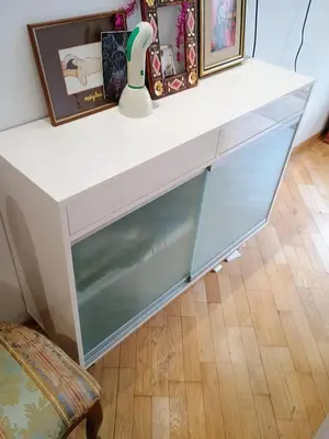 a white desk with a glass drawer at H1trece in Belgrade