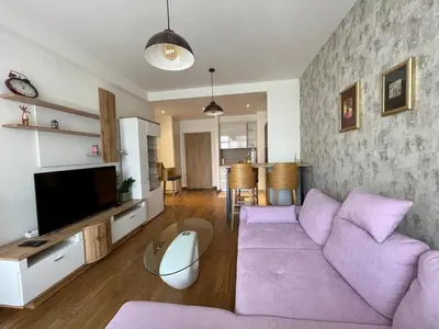 a living room with a purple couch and a tv at Romantic One Bedroom Home at BW-City and Park View in Belgrade