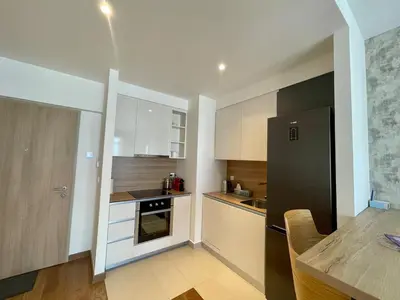 a kitchen with white cabinets and a black refrigerator at Romantic One Bedroom Home at BW-City and Park View in Belgrade