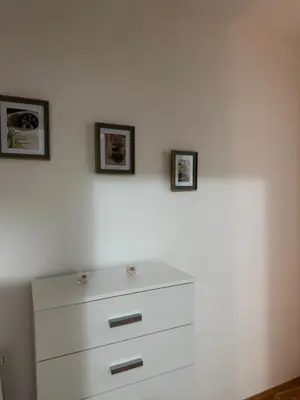 a white dresser in a room with two pictures on the wall at Barbello in Stara Pazova