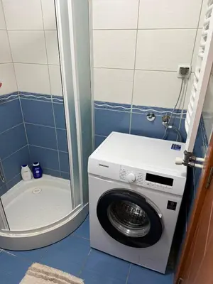 a washing machine in a bathroom with a shower at Barbello in Stara Pazova