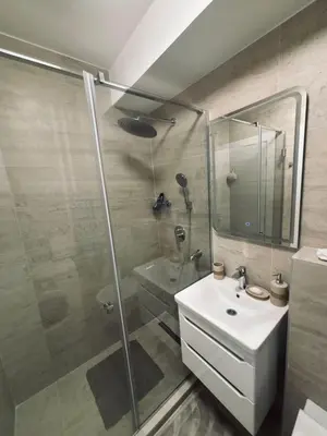 a bathroom with a shower and a sink and a toilet at No 104 7 Residance in Belgrade