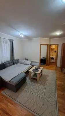 a living room with a bed and a coffee table at Jelena's place in Belgrade