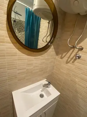 a bathroom with a sink and a mirror at Flat center of Belgrade in Belgrade