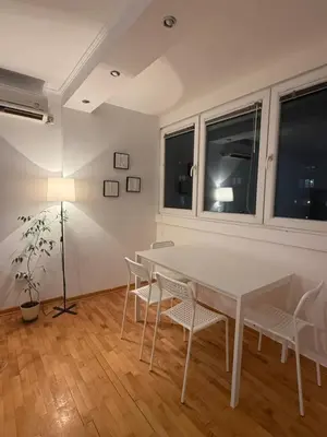 a white table and chairs in a room with windows at Light & Cozy Flat Banovo Brdo in Belgrade