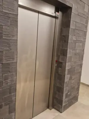 a elevator in a building with a stone wall at Apartman Oskar Dunav in Stari Banovci