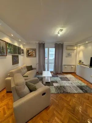 a living room with a couch and a table at Apartman Sasha 3 - Free parking in Belgrade