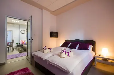 a bedroom with a large bed with purple pillows at Apartment Vukanja in Belgrade