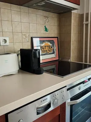 a kitchen with a counter top with a microwave at Cozy Apart Central Oasis in Belgrade