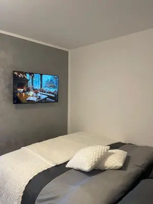 a bedroom with a bed with a tv on the wall at Stan na dan Pecinci in Pećinci