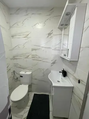 a white bathroom with a toilet and a sink at Stan na dan Pecinci in Pećinci