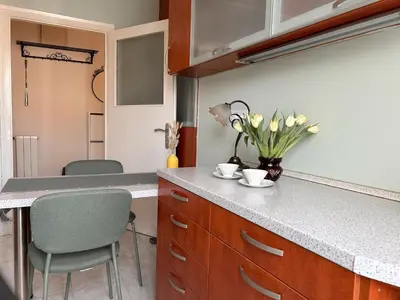 a kitchen with a counter with a vase of flowers on it at Ollio - Art of Dorcol in Belgrade
