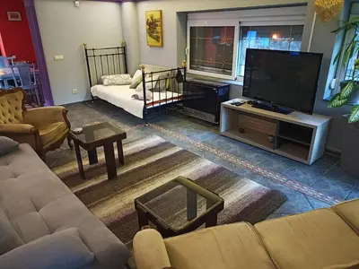 a living room with a couch and a flat screen tv at Paws & Pines Hideaway in Belgrade