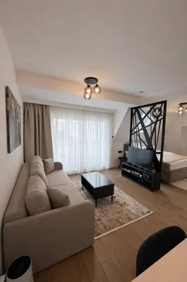 a living room with a couch and a television at Giorgio Luxury Suites in Belgrade
