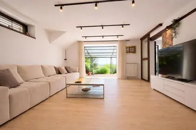 a living room with a large couch and a television at Luxury Private Villa Estate Families & Groups Pool & Beach BBQ Garden & Yard Free Parking Near Center #Belgrade Villa in Belgrade