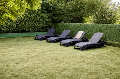 four chairs sitting in a row on the grass at Luxury Private Villa Estate Families & Groups Pool & Beach BBQ Garden & Yard Free Parking Near Center #Belgrade Villa in Belgrade