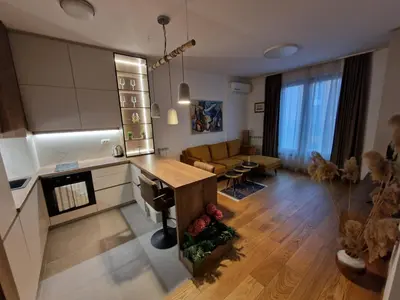 an aerial view of a kitchen and living room at W65 ElegantStay II in Belgrade
