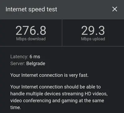 a screenshot of a cell phone screen with a speed test at Temple Sky View Apartment Vracar in Belgrade