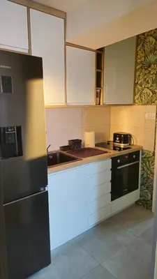 a kitchen with a black refrigerator and a sink at Temple Sky View Apartment Vracar in Belgrade