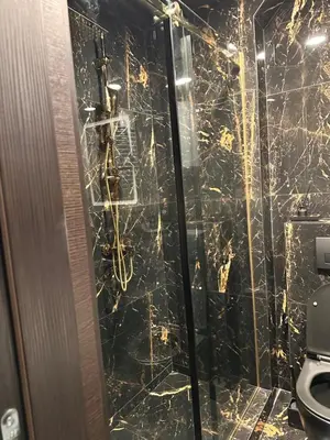 a bathroom with a glass shower with a toilet at Flex Lux Spa Apartment Belgrade with Jacuzzi and Sauna in Belgrade
