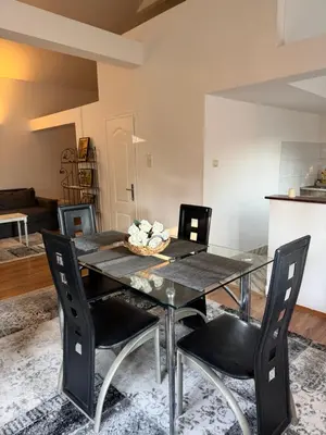 a dining room with a black table and chairs at Apartman Tara in Belgrade