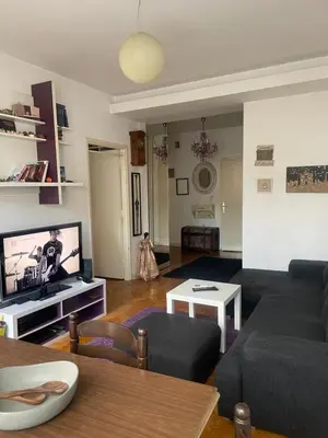 a living room with a couch and a tv at Spacious apartment with 2 bedrooms in City Center, near Parliament and St Marks Church in Belgrade