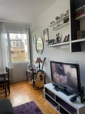 a living room with a flat screen tv and a guitar at Spacious apartment with 2 bedrooms in City Center, near Parliament and St Marks Church in Belgrade