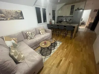 a living room with a couch and a table at Harmony Apartment in Surčin