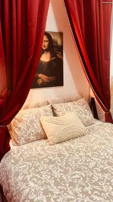 a bedroom with a bed with red curtains at Low cost studio Zeleni Venac in Belgrade