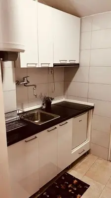 a kitchen with white cabinets and a sink at Low cost studio Zeleni Venac in Belgrade