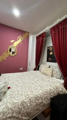 a bedroom with a large bed with red curtains at Low cost studio Zeleni Venac in Belgrade