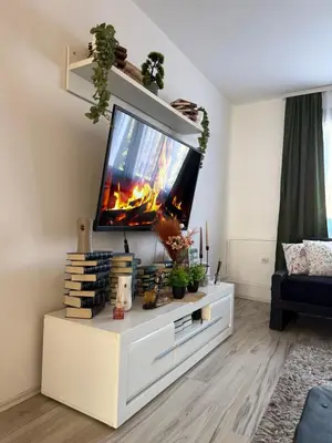 a living room with a flat screen tv on a white entertainment center at Barrique apartmani sa zatvorenim bazenom in Smederevo