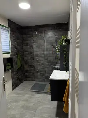 a bathroom with a shower and a sink at Barrique apartmani sa zatvorenim bazenom in Smederevo
