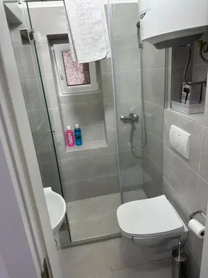 a bathroom with a shower with a toilet and a sink at Natalie's Lodge in Belgrade