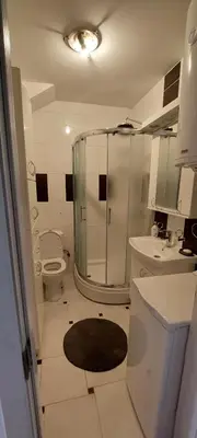 a bathroom with a shower and a toilet and a sink at Michigan Hill Apartmant in Belgrade