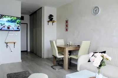 a living room with a table and a couch at Apartman Nina Banovci in Novi Banovci