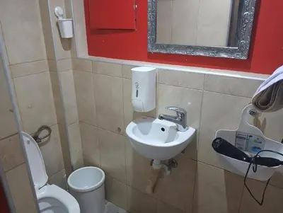 a bathroom with a sink and a toilet and a mirror at Bar apartment in Belgrade