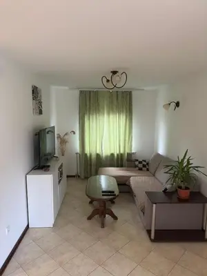 a living room with a couch and a tv at Elegance Apartman in Belgrade