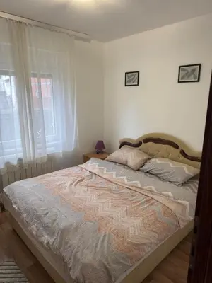 a large bed in a bedroom with a window at Elegance Apartman in Belgrade